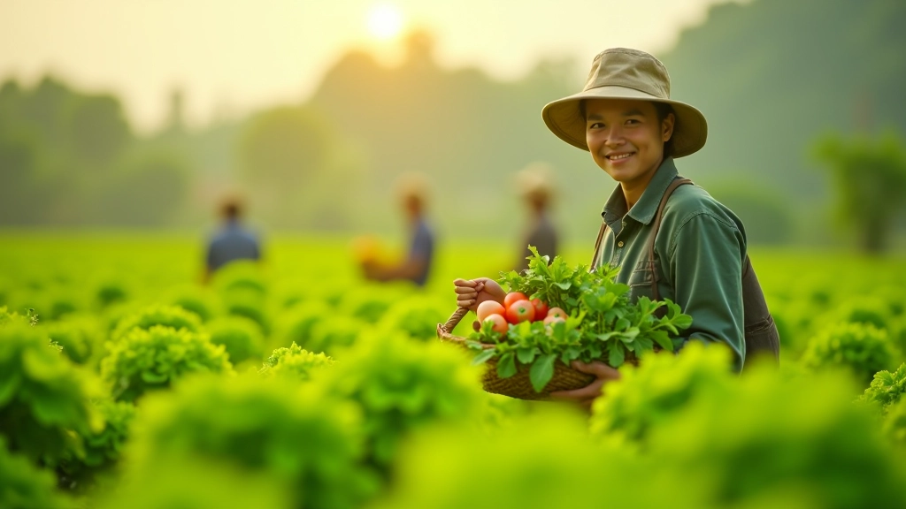 Agricultural workers harvesting fresh vegetables in paddy fields during peak growing season with baskets