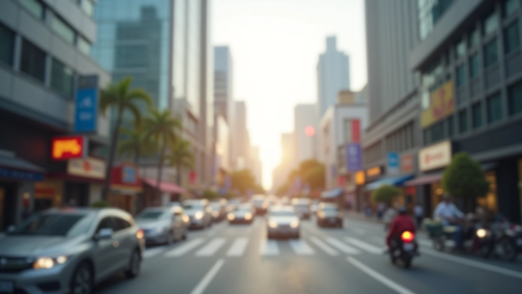Business district with office buildings and traffic, showing urban commerce and transportation infrastructure