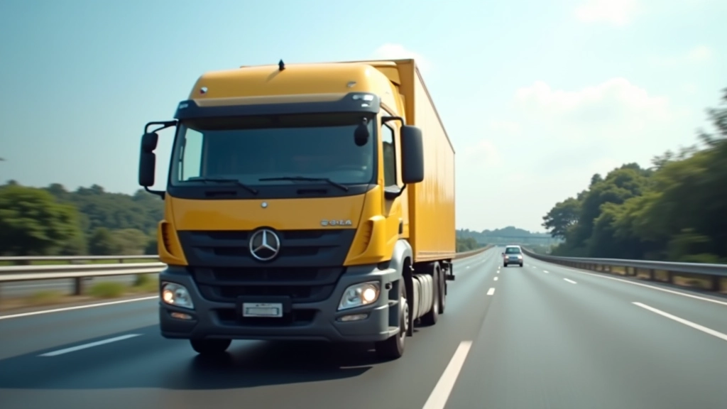 Large delivery truck driving on highway during daytime, representing freight transportation and logistics operations