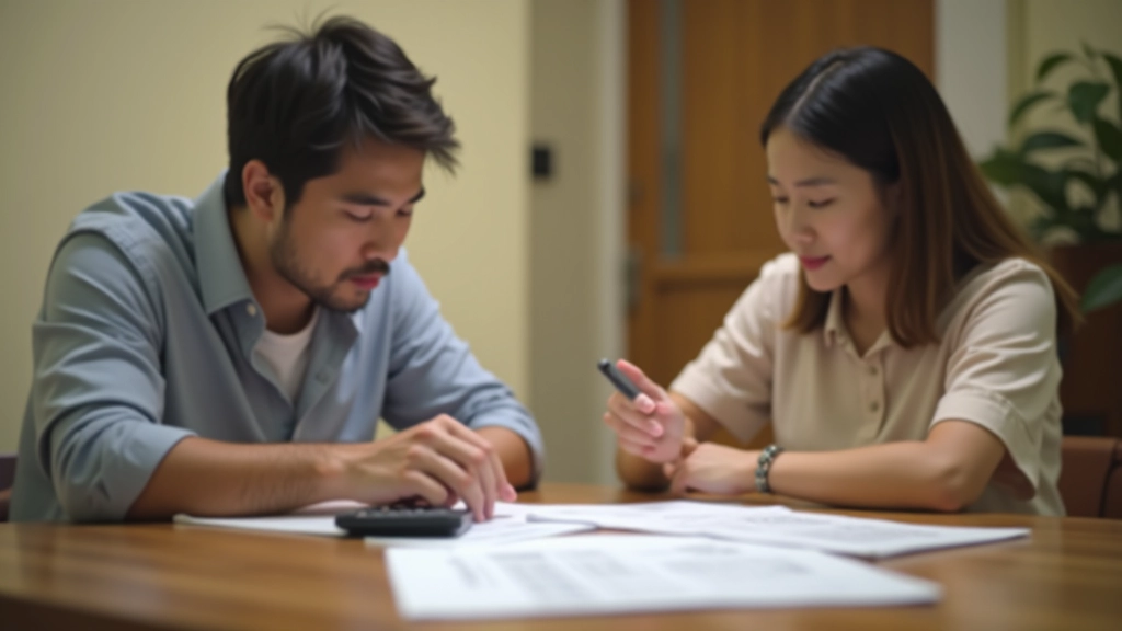 Family sitting at home reviewing budget documents and financial planning materials with calculator and notepad