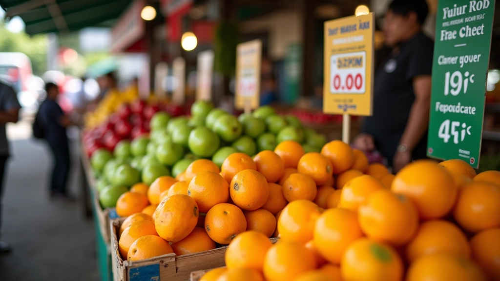 Fresh produce and vegetables at market stall displaying various prices and seasonal changes