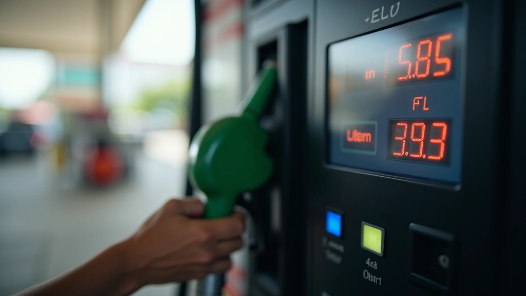 Gas station pump display showing fuel prices and cost per liter on digital screen