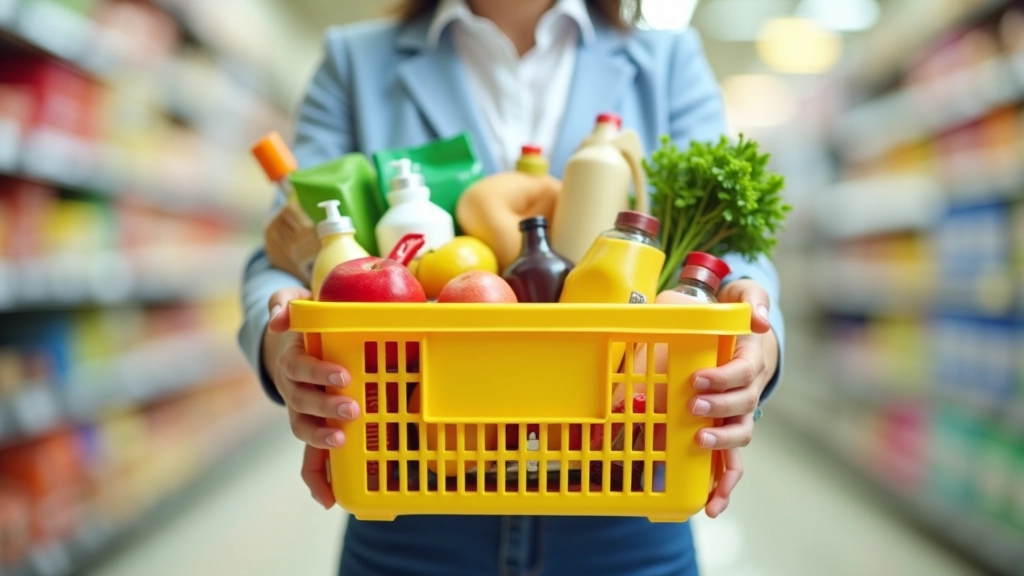 Organized shopping basket with various product categories arranged to show consumer goods and services
