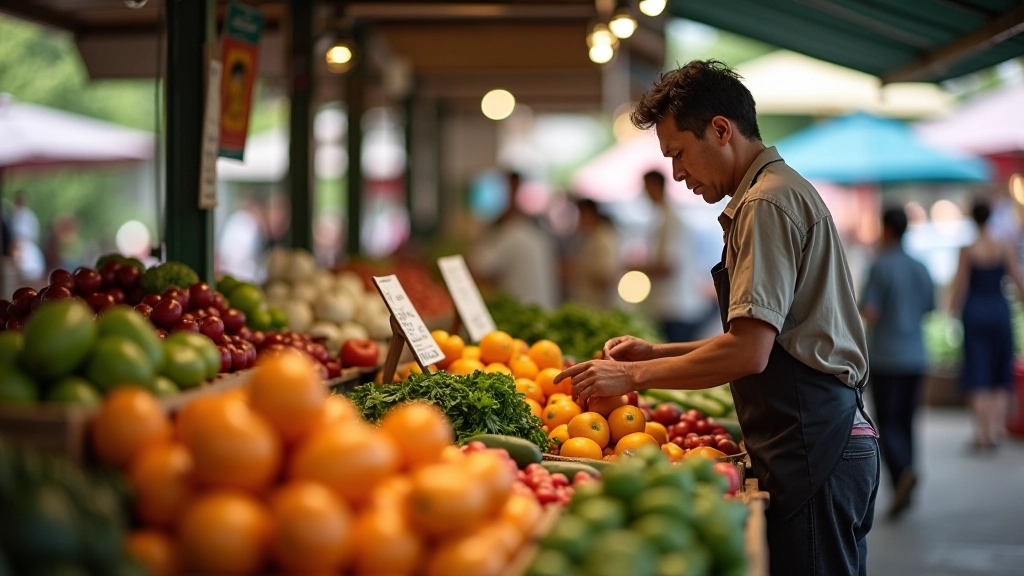 Market vendor arranging fresh seasonal vegetables and produce on display with handwritten price signs