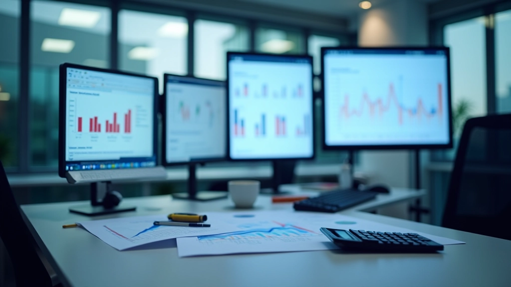 Digital screens showing data analysis, charts, and statistical calculations