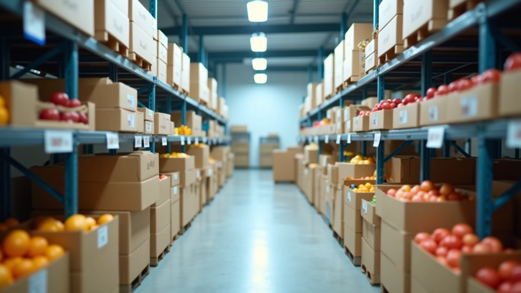 Industrial refrigerated storage facility with organized shelves of fresh produce in temperature-controlled warehouse